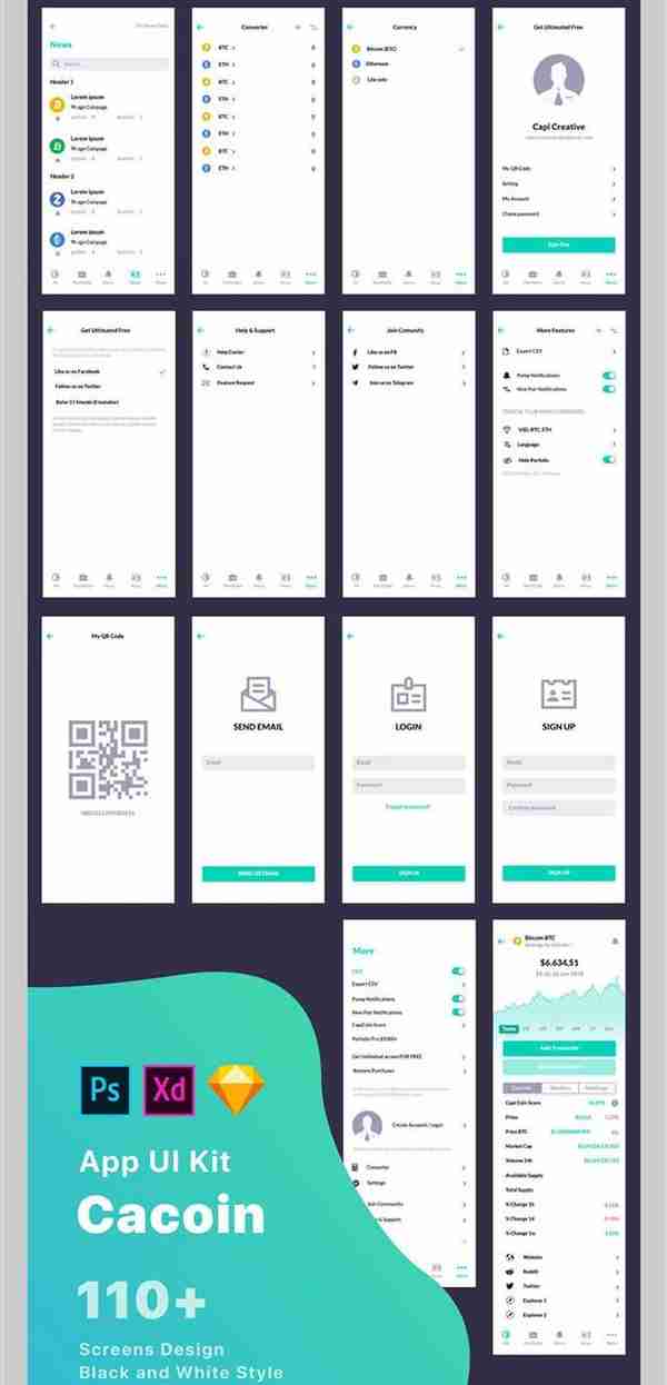iOS版非常完整的虚拟币全功能的APP UI KITS「Sketch,PSD,XD」110份