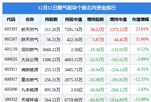 燃气板块12月12日跌1.43%，新奥股份领跌，主力资金净流出9801.76万元