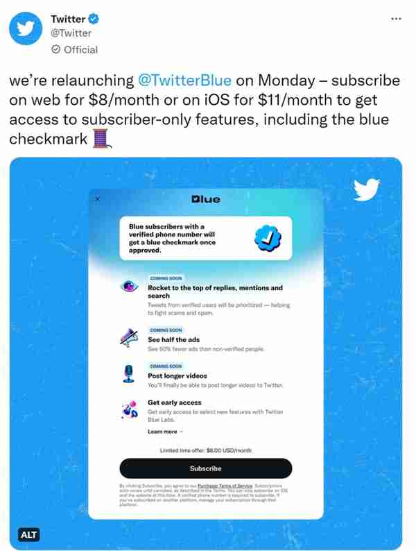 “推特蓝”下周重新上线！30%的苹果税，马斯克打算让苹果用户买单