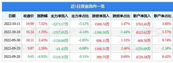 北化股份10月11日主力资金净卖出5273.17万元