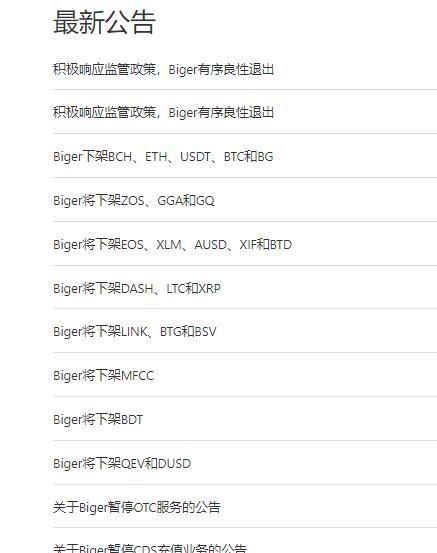 虚拟货币交易所Biger将于12月27日停止提币和服务